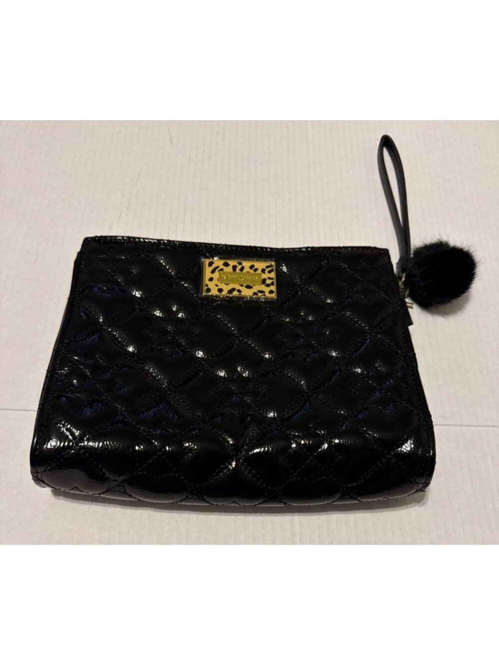 Betsey Johnson Black Quilted Heart Leopard Print Logo Plaque Wristlet 10.5 X 8.5